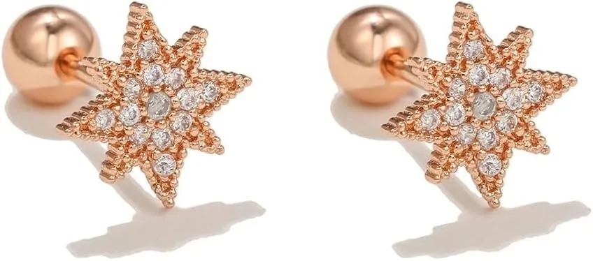 14K Yellow Gold Moon And Star Earrings For Women, 925 Sterling Silver Cubic Zirconia Chain Stud Earrings Stars Moons Classic Geometric, Star And Moon Earrings, Outer Space Earrings