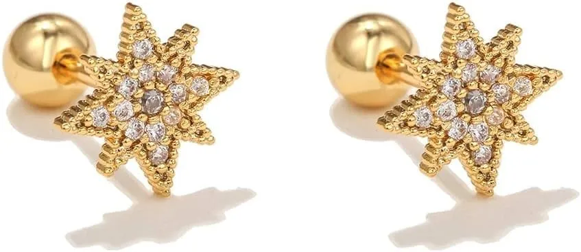 14K Yellow Gold Moon And Star Earrings For Women, 925 Sterling Silver Cubic Zirconia Chain Stud Earrings Stars Moons Classic Geometric, Star And Moon Earrings, Outer Space Earrings