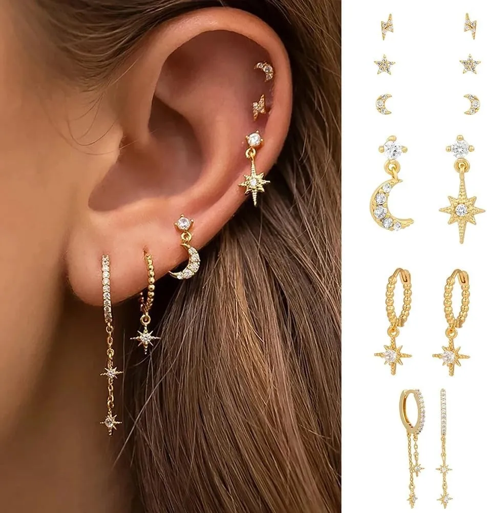 14K Yellow Gold Moon And Star Earrings For Women, 925 Sterling Silver Cubic Zirconia Chain Stud Earrings Stars Moons Classic Geometric, Star And Moon Earrings, Outer Space Earrings