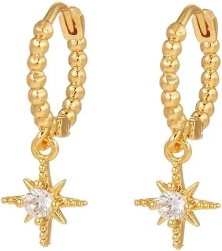 14K Yellow Gold Moon And Star Earrings For Women, 925 Sterling Silver Cubic Zirconia Chain Stud Earrings Stars Moons Classic Geometric, Star And Moon Earrings, Outer Space Earrings