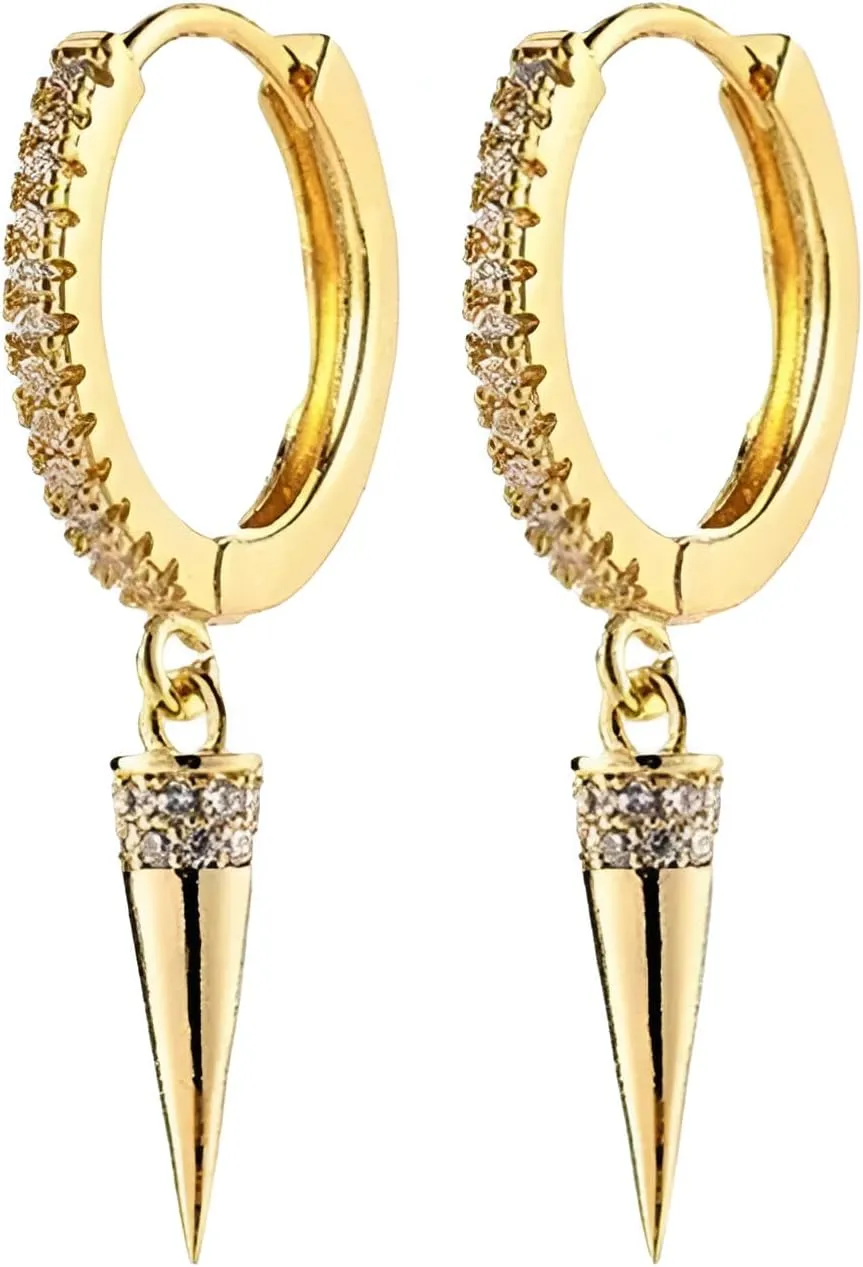 14K Yellow Gold Spike Earrings For Women And Men, 925 Sterling Silver Grunge Earrings Needle Punk Spike Rivet Hoop Earrings Ear Cuff Piercing Earring Gothic, Goth Earrings For Women, Edgy Earrings