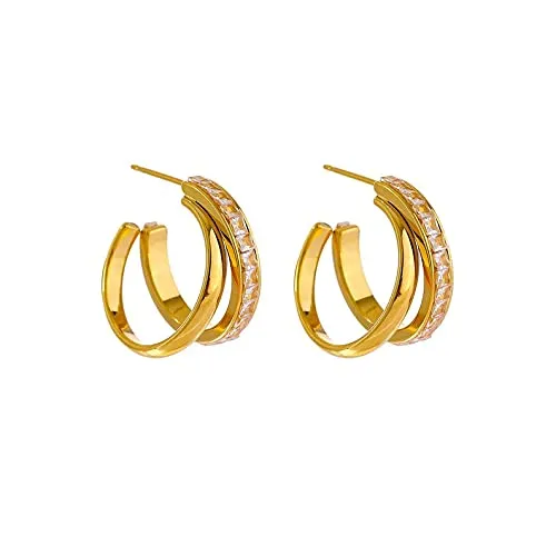 18K Gold Statement Earrings,Cubic Zirconia,Geometric Earrings,Stud Earrings,Gift for Her,Fashion Earrings,Minimalist Earrings,Modern Earring (Gold)
