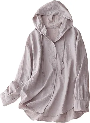2025 Women Cotton Linen Hoodie Summer Loose Lightweight Drawstring Hooded Top Long Sleeve Button Beach Cover Up Blouses