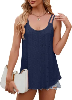 2025 Womens Tank Tops Eyelet Embroidery Sleeveless Camisole Summer Clothes Scoop Neck Flowy Shirts