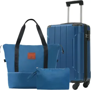 3 Piece Hardshell Luggage Set with Wheels, Lightweight and Durable, Adjustable Handle, Blue