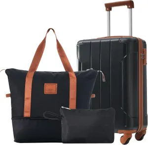 3 Piece Hardshell Luggage Set with Wheels, Lightweight and Durable Suitcases, Telescopic Handle, Black Brown