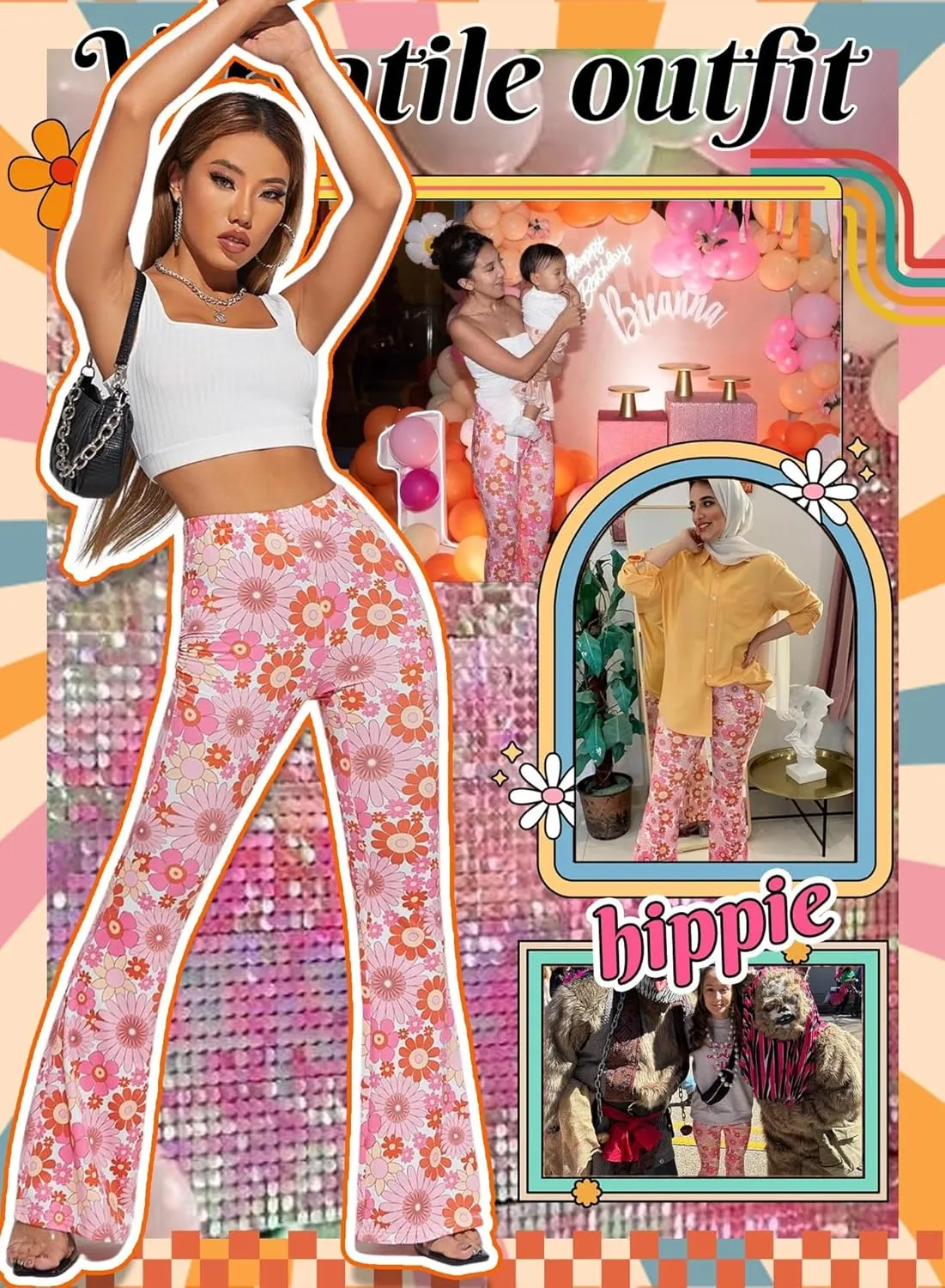 70s Flare Pants for Women - EDC Rave Festival Outfit High Waist Bell Bottom Boho Cute Groovy Disco Trousers