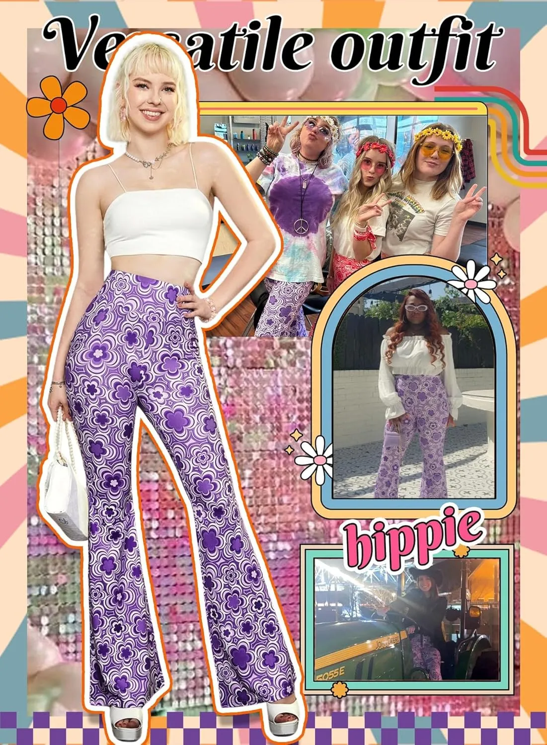 70s Flare Pants for Women - EDC Rave Festival Outfit High Waist Bell Bottom Boho Cute Groovy Disco Trousers