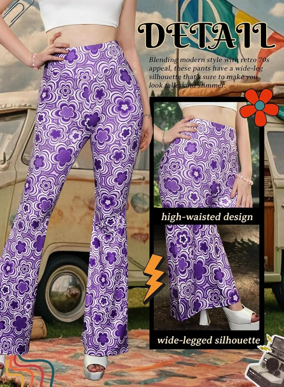 70s Flare Pants for Women - EDC Rave Festival Outfit High Waist Bell Bottom Boho Cute Groovy Disco Trousers