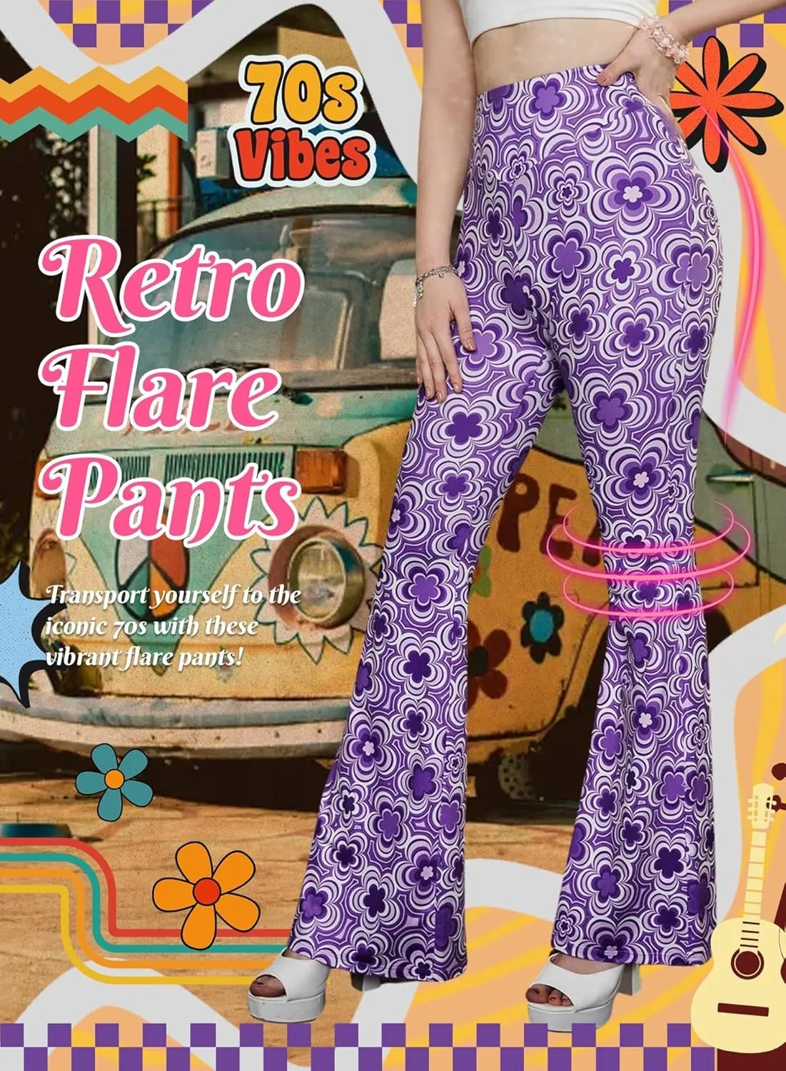 70s Flare Pants for Women - EDC Rave Festival Outfit High Waist Bell Bottom Boho Cute Groovy Disco Trousers