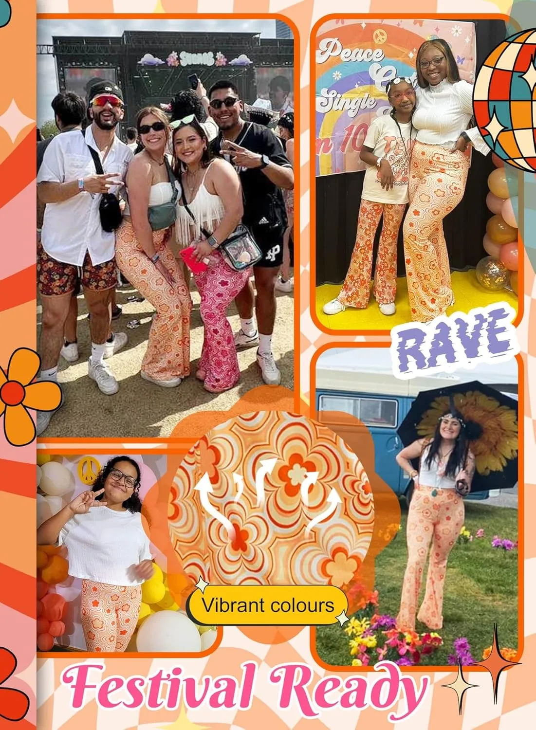 70s Flare Pants for Women - EDC Rave Festival Outfit High Waist Bell Bottom Boho Cute Groovy Disco Trousers