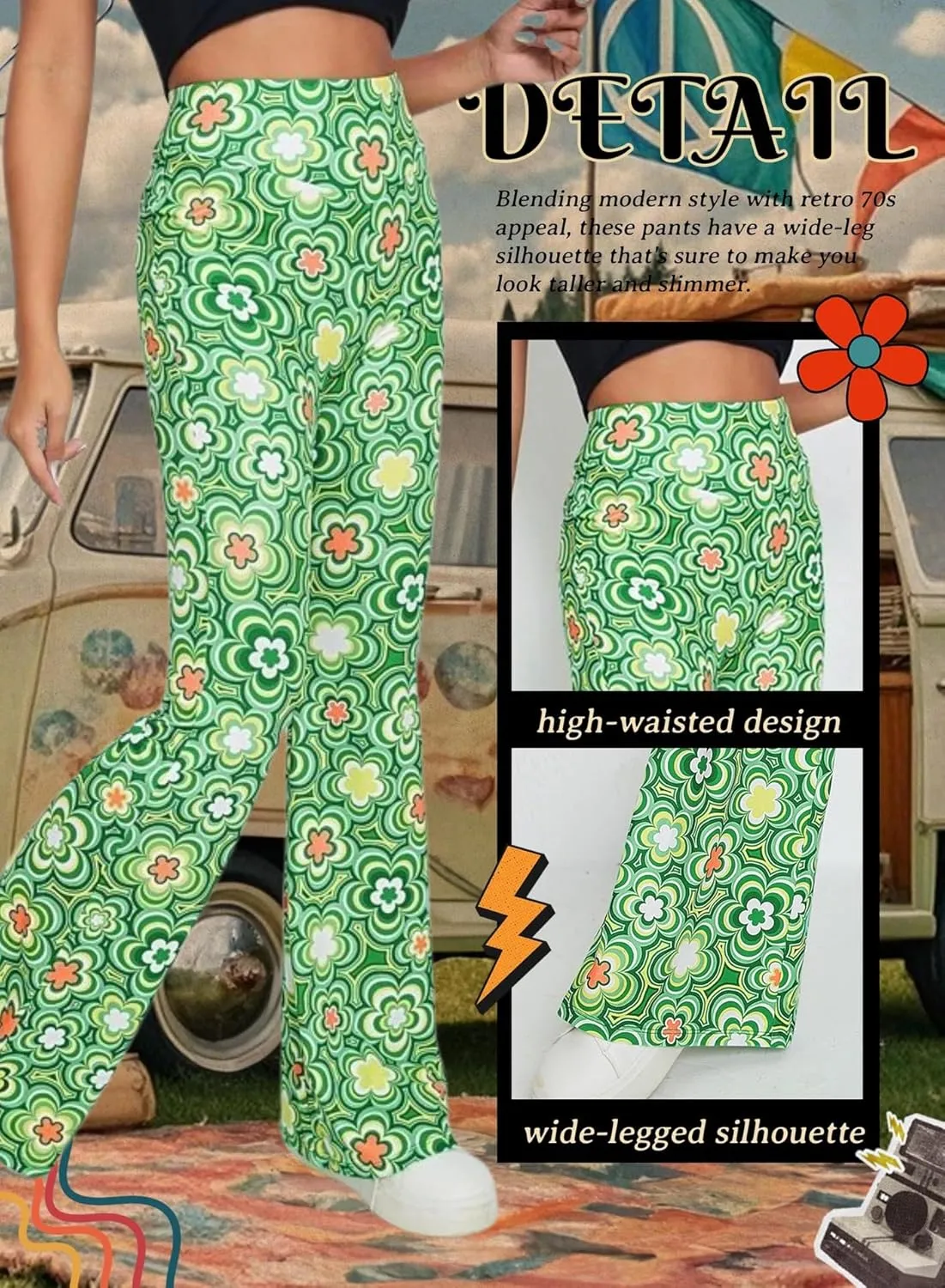 70s Flare Pants for Women - EDC Rave Festival Outfit High Waist Bell Bottom Boho Cute Groovy Disco Trousers