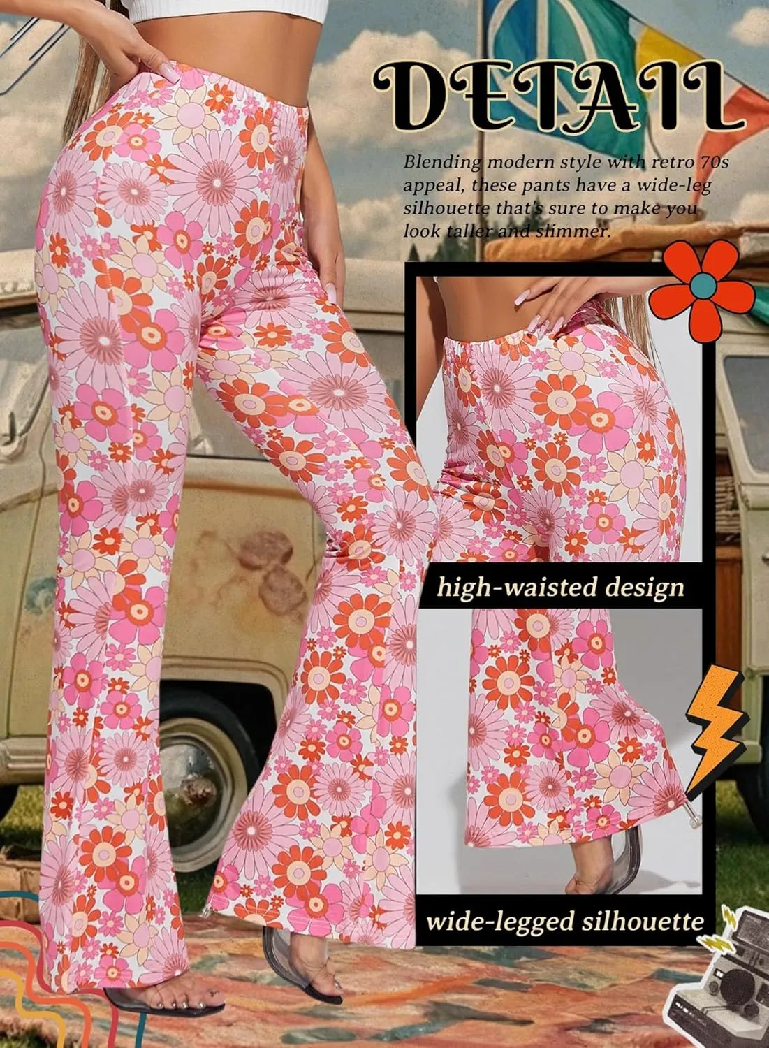 70s Flare Pants for Women - EDC Rave Festival Outfit High Waist Bell Bottom Boho Cute Groovy Disco Trousers
