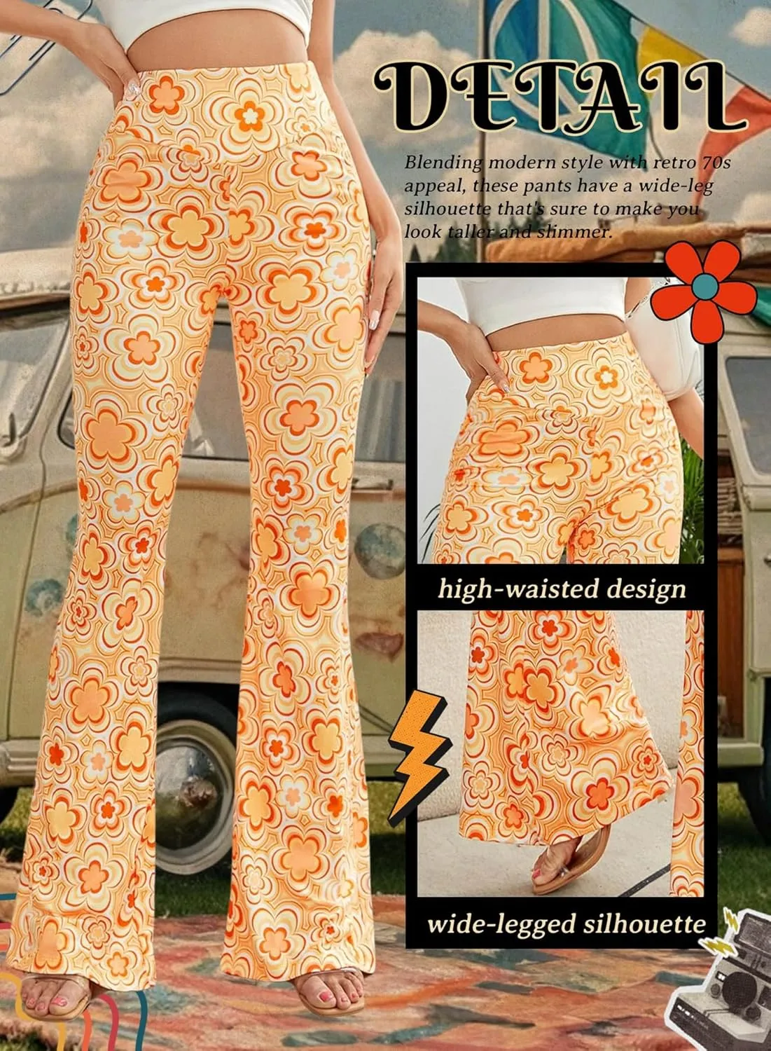 70s Flare Pants for Women - EDC Rave Festival Outfit High Waist Bell Bottom Boho Cute Groovy Disco Trousers
