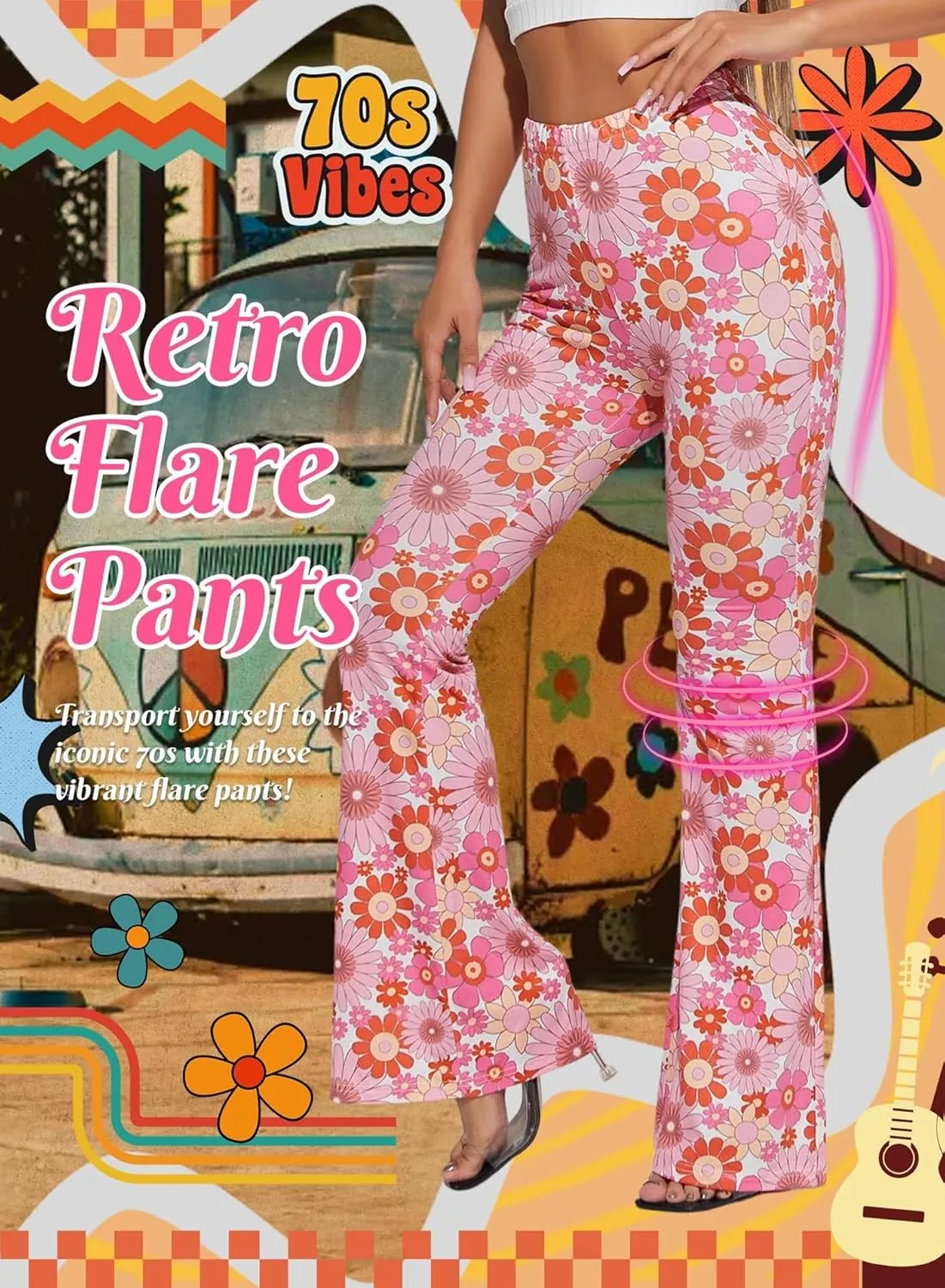 70s Flare Pants for Women - EDC Rave Festival Outfit High Waist Bell Bottom Boho Cute Groovy Disco Trousers