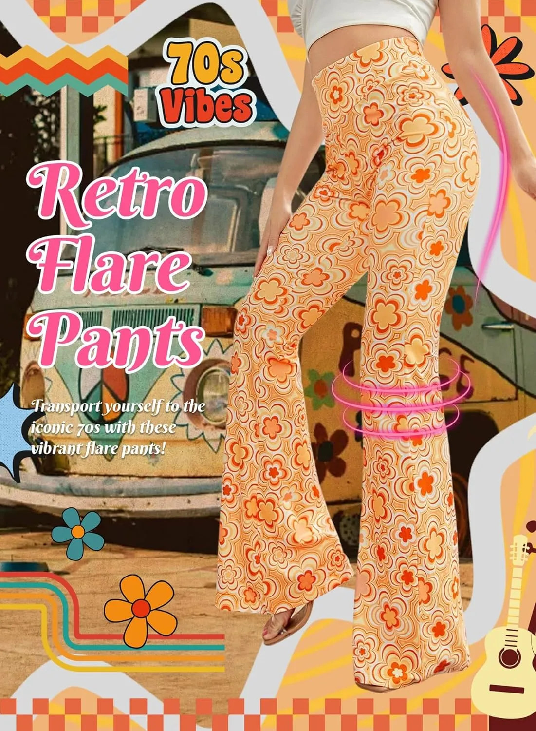 70s Flare Pants for Women - EDC Rave Festival Outfit High Waist Bell Bottom Boho Cute Groovy Disco Trousers
