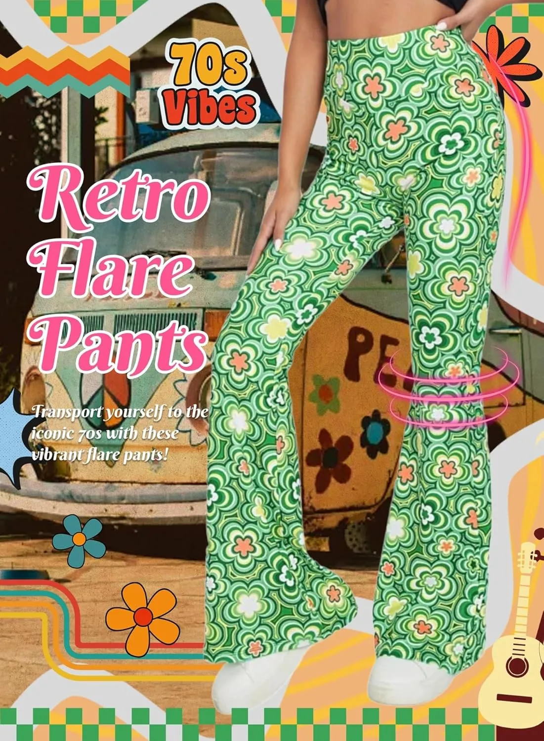 70s Flare Pants for Women - EDC Rave Festival Outfit High Waist Bell Bottom Boho Cute Groovy Disco Trousers