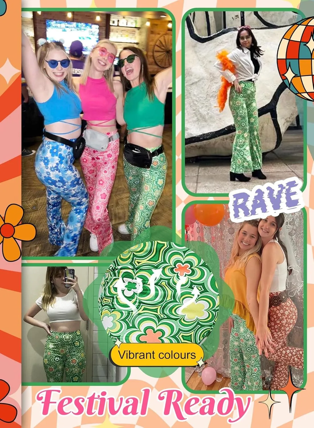 70s Flare Pants for Women - EDC Rave Festival Outfit High Waist Bell Bottom Boho Cute Groovy Disco Trousers