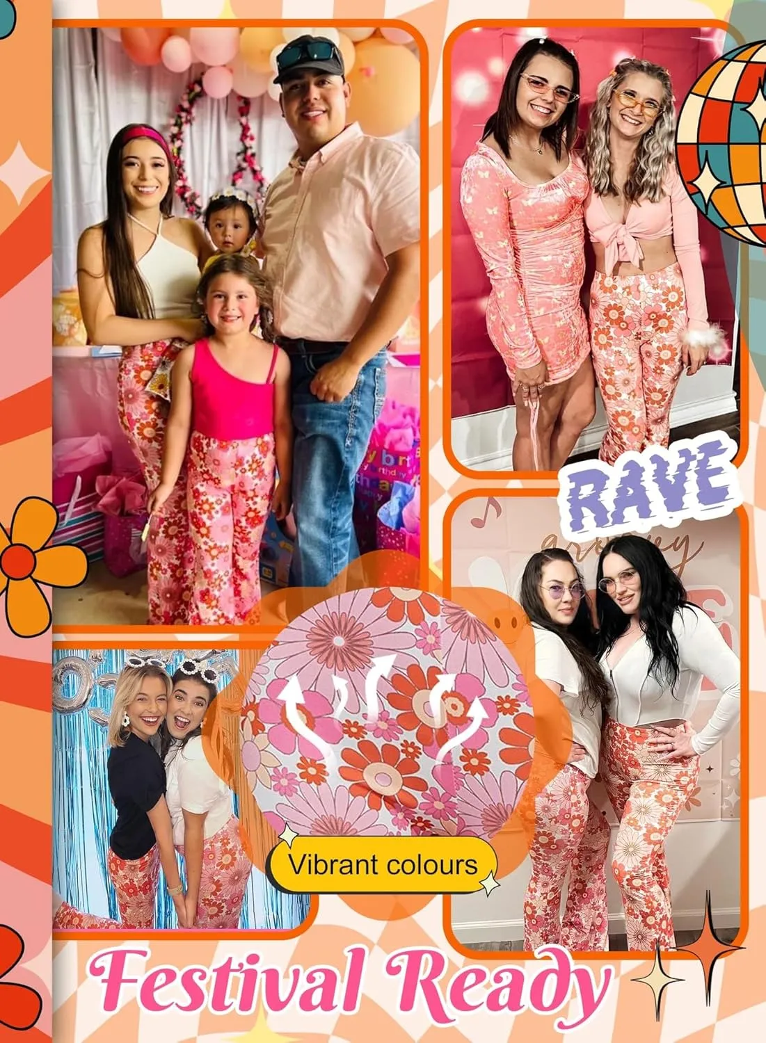 70s Flare Pants for Women - EDC Rave Festival Outfit High Waist Bell Bottom Boho Cute Groovy Disco Trousers