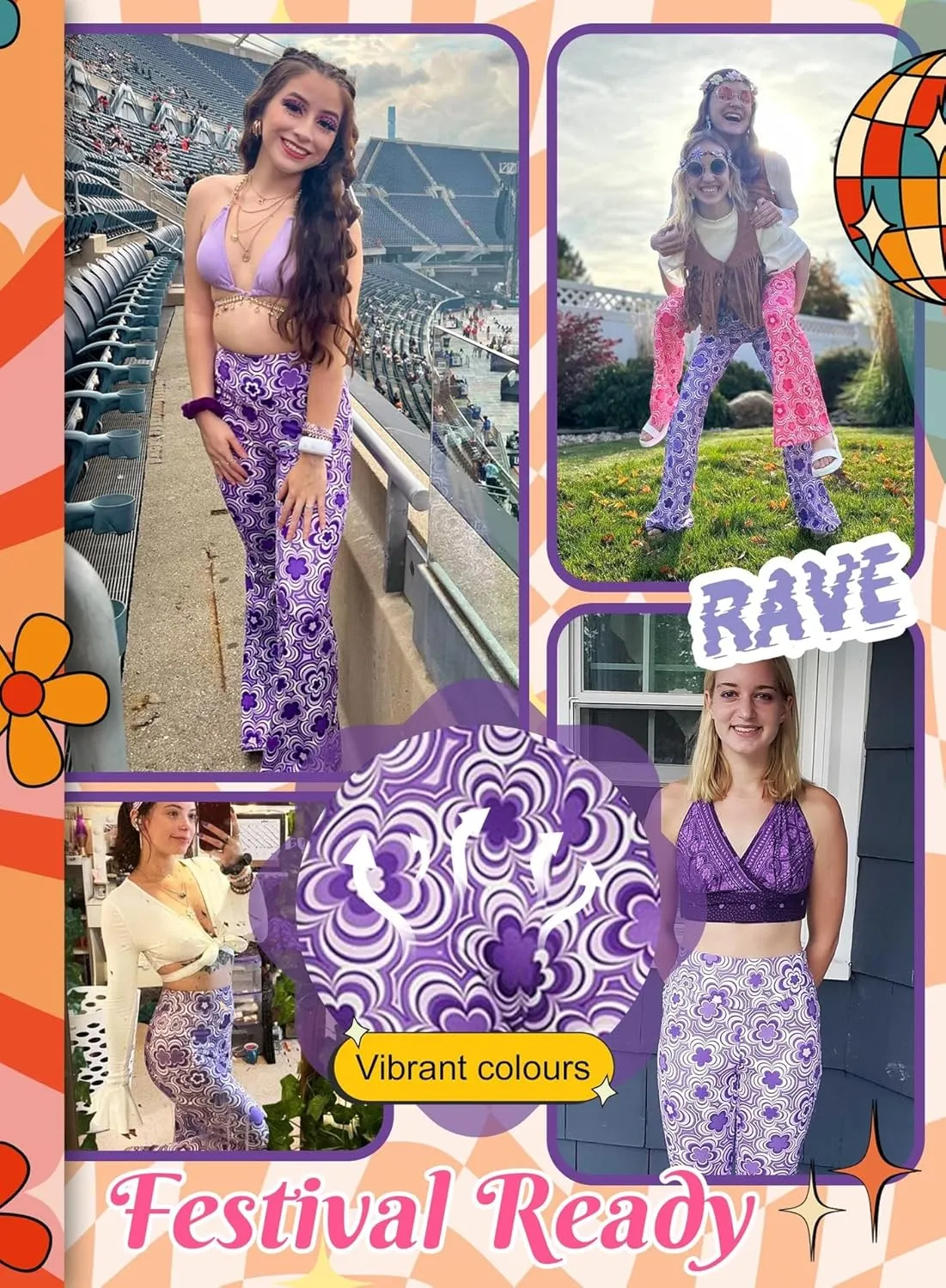 70s Flare Pants for Women - EDC Rave Festival Outfit High Waist Bell Bottom Boho Cute Groovy Disco Trousers