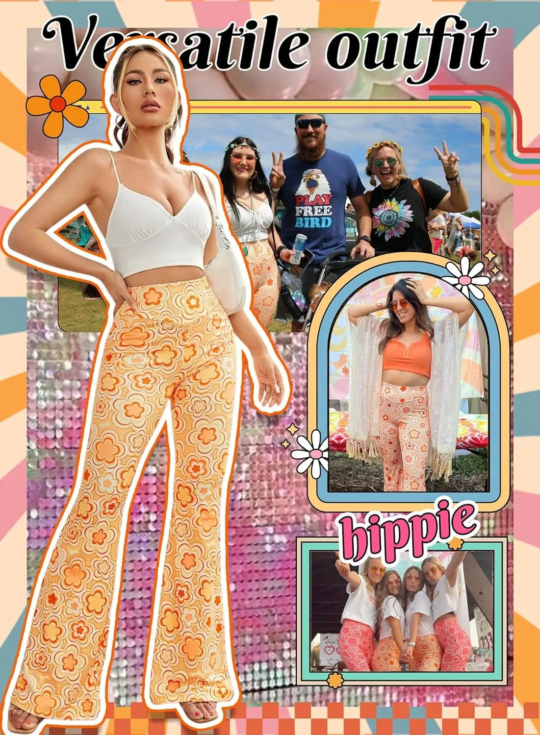 70s Flare Pants for Women - EDC Rave Festival Outfit High Waist Bell Bottom Boho Cute Groovy Disco Trousers