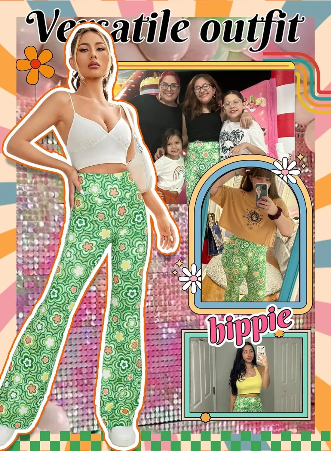 70s Flare Pants for Women - EDC Rave Festival Outfit High Waist Bell Bottom Boho Cute Groovy Disco Trousers