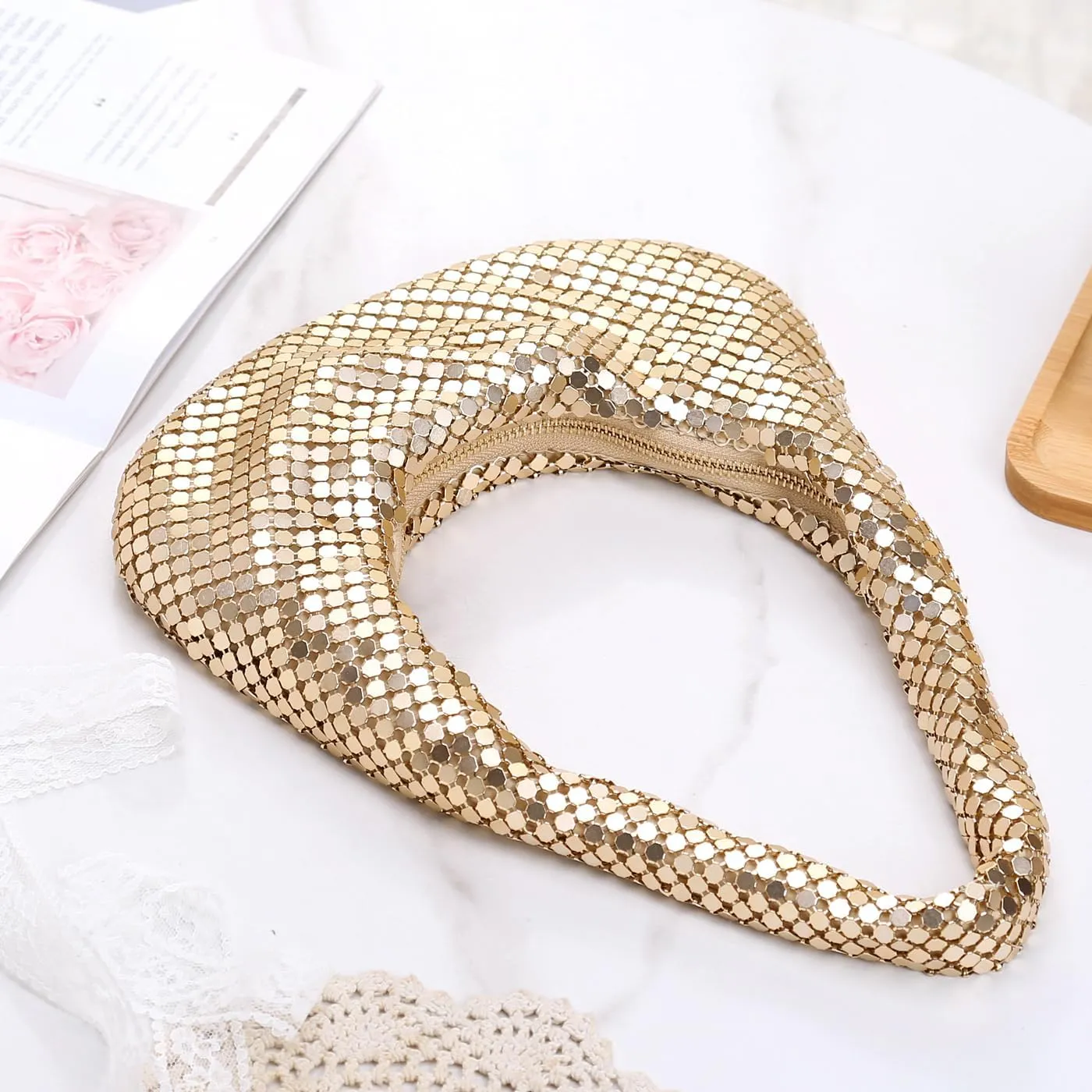 Afashor Womens Metallic Evening Bag Cute Hobo Handbag Fashion Shiny Moon-shaped Shoulder Purse