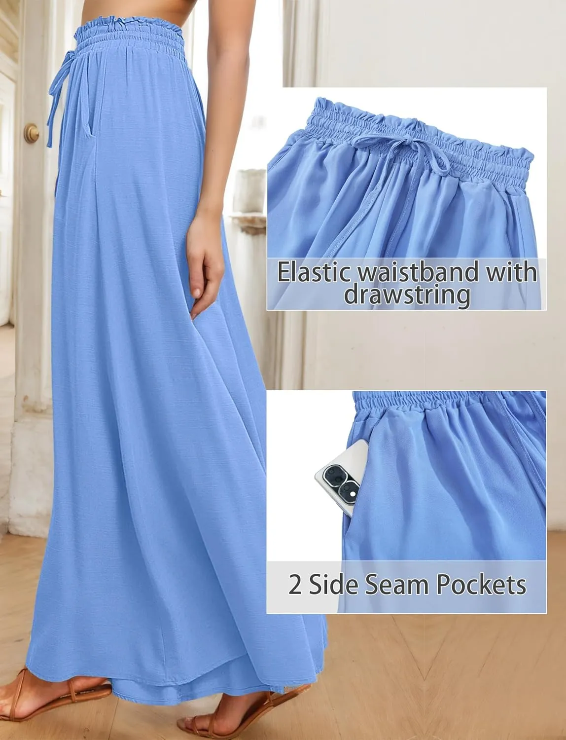 Aivtalk Womens Wide Leg Trousers Palazzo Pant Casual Elegant High Waist Trousers Simple Trousers with Pockets