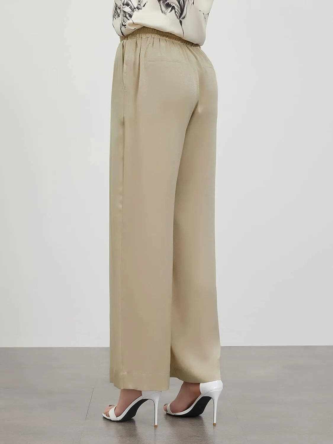 ASSUAL Wide Leg Pants for Women, High Elastic Waist, Silky, Flowy Long Palazzo Trousers with Pockets Casual All Day Wear