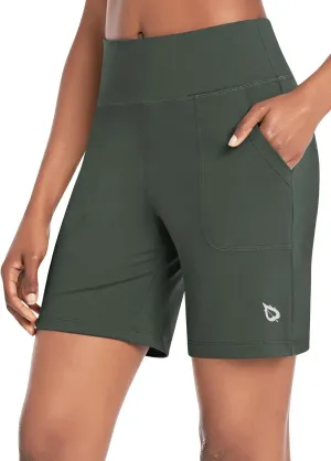 baleaf Bermuda Shorts for Women High Waisted 7'' Athletic Long Workout Running Shorts with 3 Pockets