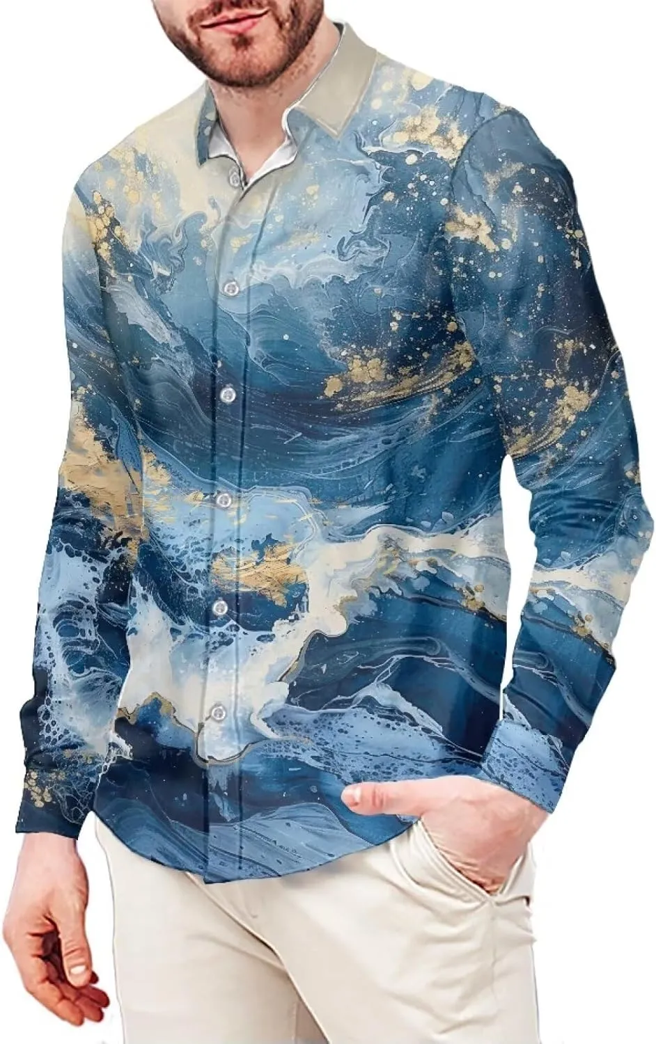 Biyejit Men's Shirt Long Sleeves Novelty Printed Button Down Dress Shirts Regular Fit XS-6XL