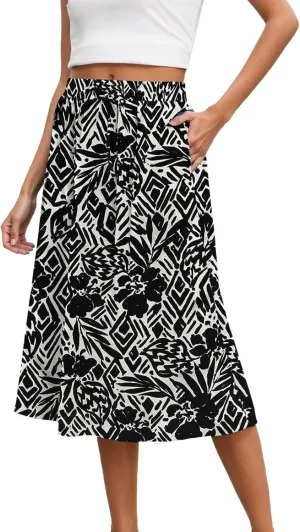 Boho Midi Skirts for Women Elastic High Waist Floral Print Travel Skorts Summer Casual Comfort Beach Vacation Skirts