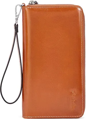 BOSTANTEN Women's Leather Designer Handbags Tote Purses Shoulder Bucket Bags and Leather Wallets for Women RFID Blocking Zip Around Credit Card Holder Phone Clutch Wristlet Brown Bundle