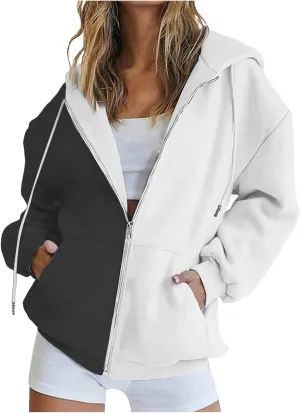 BTDECLAR 2023 Fashion Color Block Hoodie for Women Casual Long Sleeve Oversized Sweatshirts Pocket Zip Up Hoodies Jacket Tops