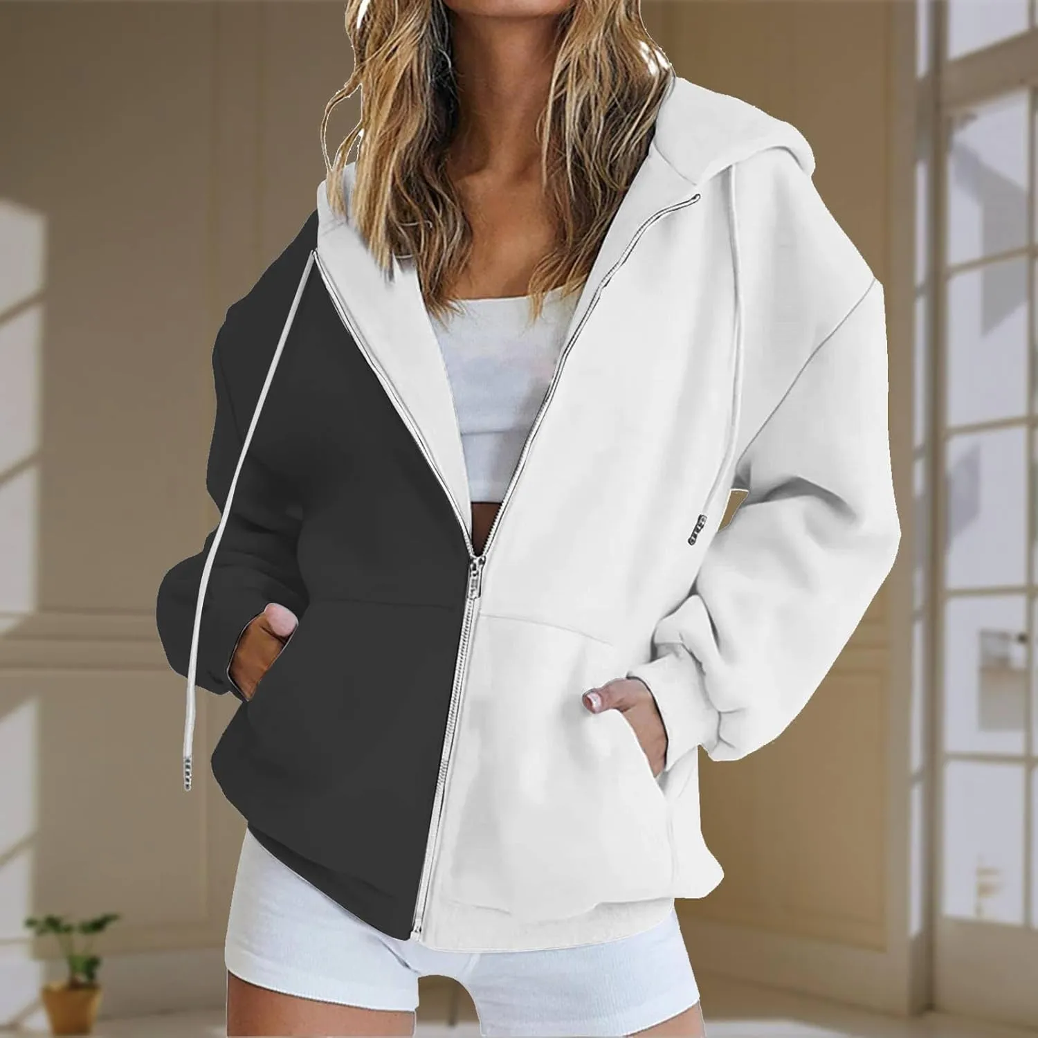 BTDECLAR 2023 Fashion Color Block Hoodie for Women Casual Long Sleeve Oversized Sweatshirts Pocket Zip Up Hoodies Jacket Tops