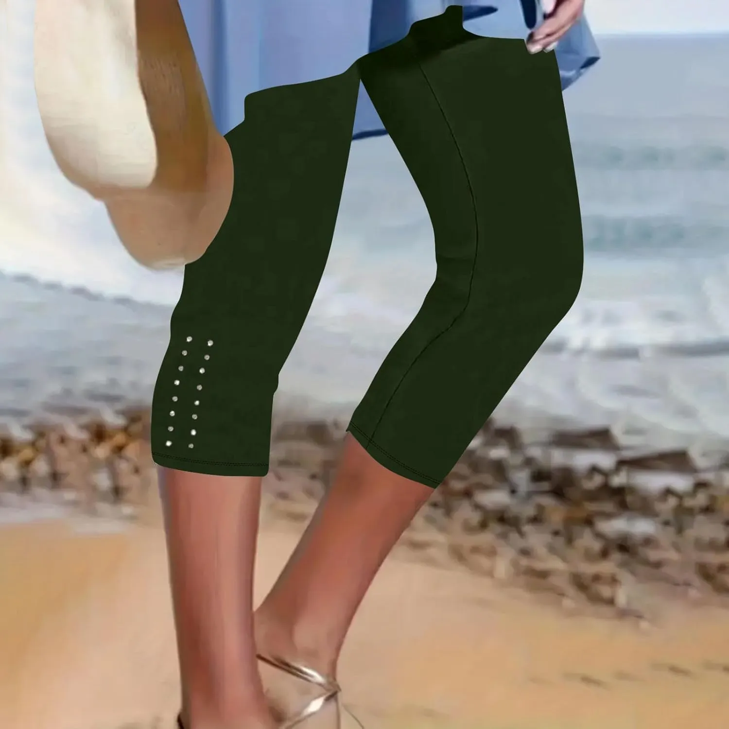 Capri Leggings for Women Rhinestone Cropped Trousers High Waist 3/4 Length Yoga Pants Stretchy Casual Jegging Tights