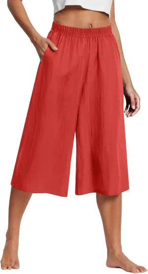 Capri Pants for Women Cotton Linen Summer Pants Wide Leg Pants Elastic Waist Pants Cropped Trouser with Pockets