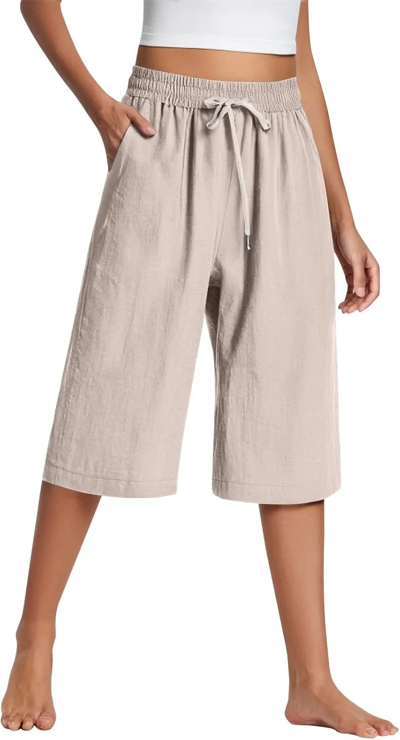 Capri Pants for Women Cotton Linen Summer Pants Wide Leg Pants Elastic Waist Pants Cropped Trouser with Pockets