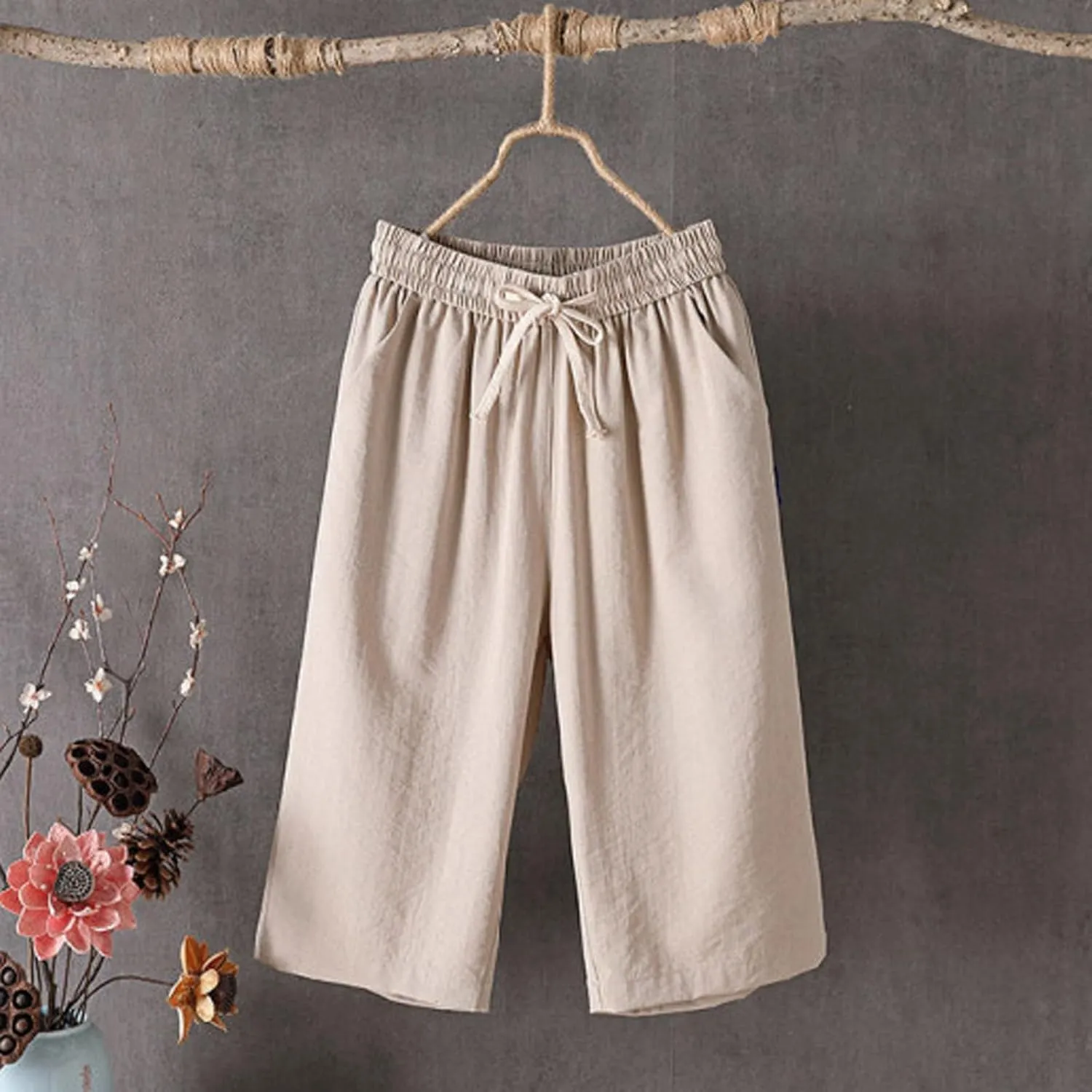 Capri Pants for Women Cotton Linen Summer Pants Wide Leg Pants Elastic Waist Pants Cropped Trouser with Pockets