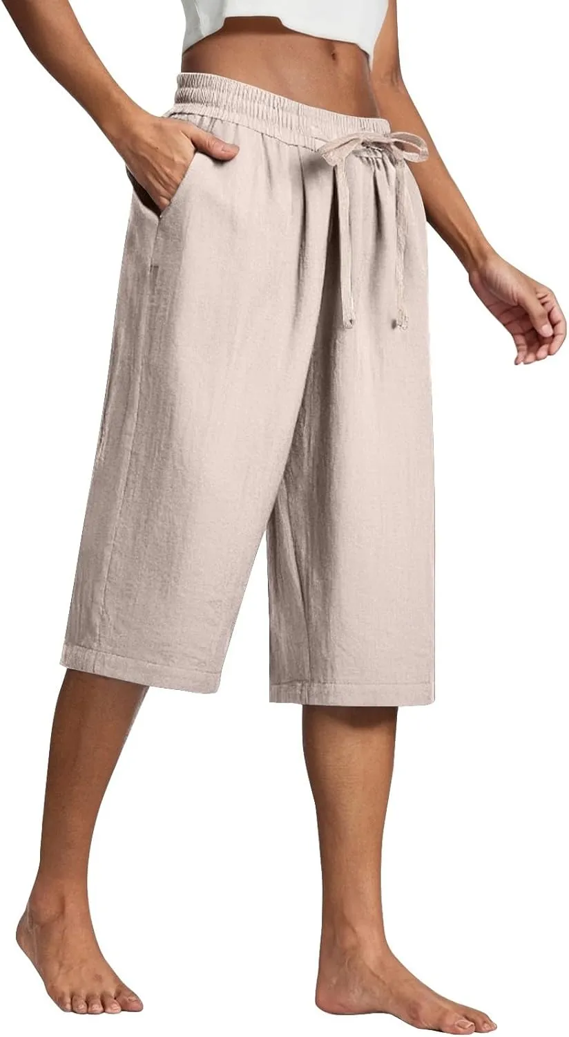 Capri Pants for Women Cotton Linen Summer Pants Wide Leg Pants Elastic Waist Pants Cropped Trouser with Pockets