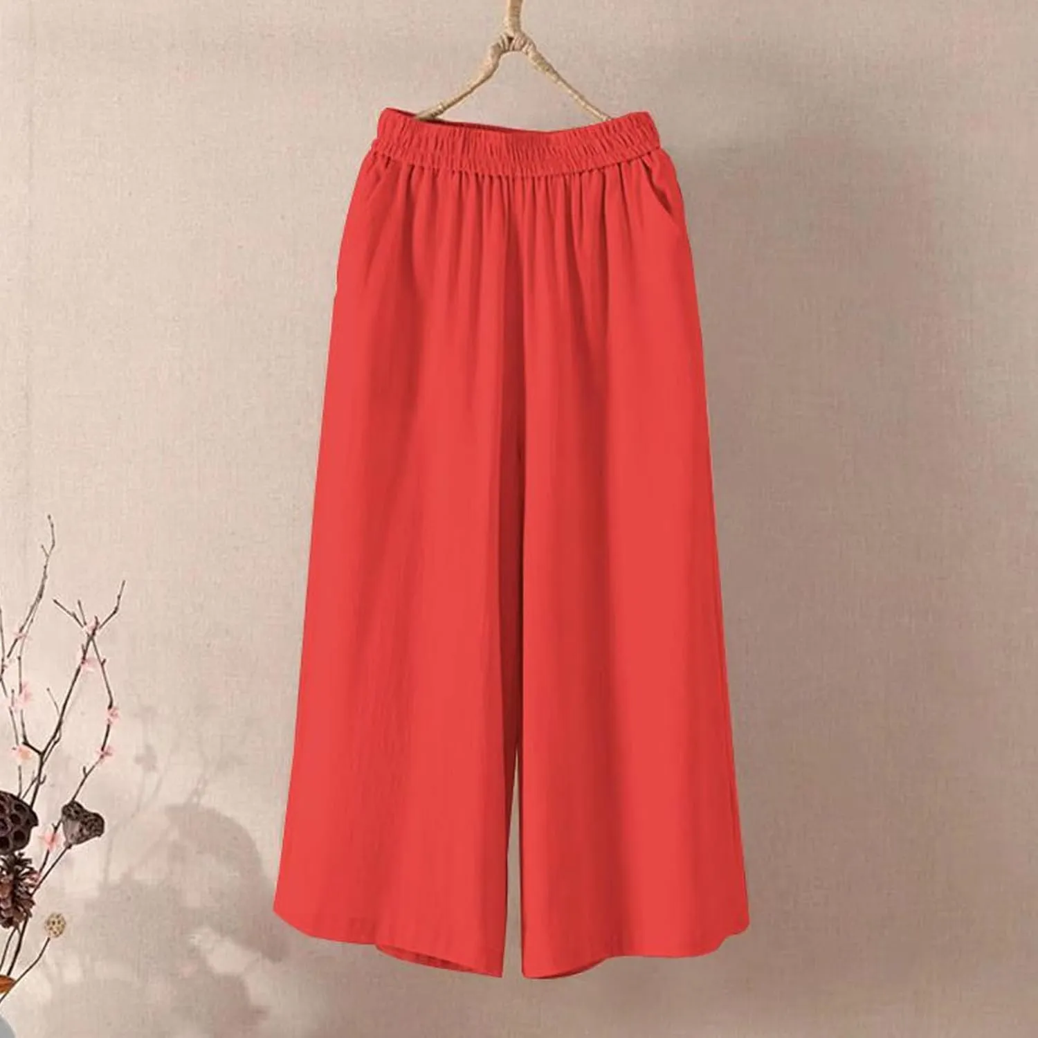 Capri Pants for Women Cotton Linen Summer Pants Wide Leg Pants Elastic Waist Pants Cropped Trouser with Pockets
