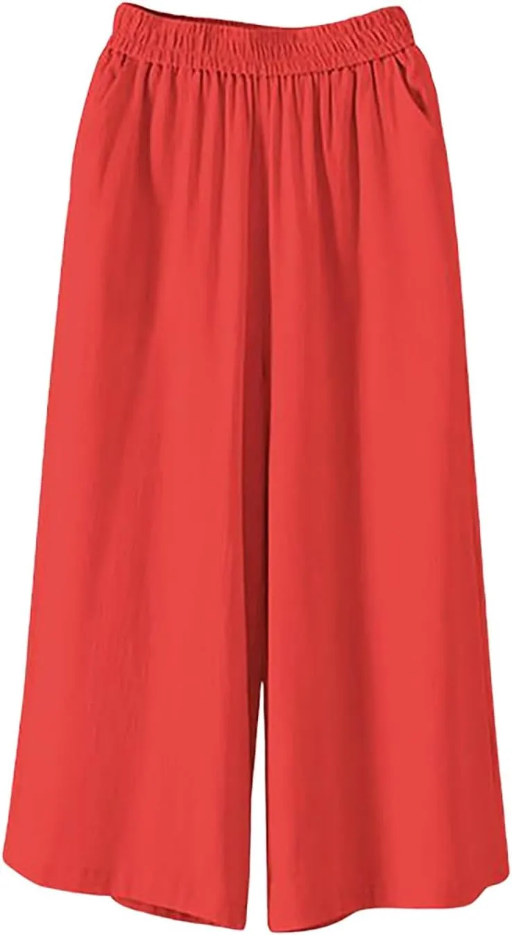 Capri Pants for Women Cotton Linen Summer Pants Wide Leg Pants Elastic Waist Pants Cropped Trouser with Pockets