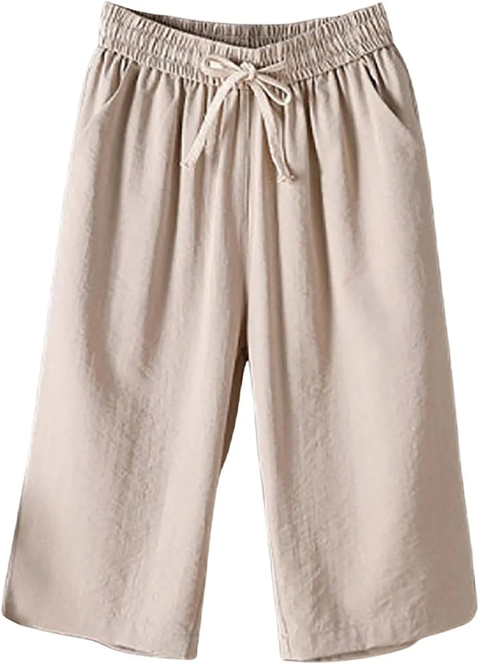 Capri Pants for Women Cotton Linen Summer Pants Wide Leg Pants Elastic Waist Pants Cropped Trouser with Pockets