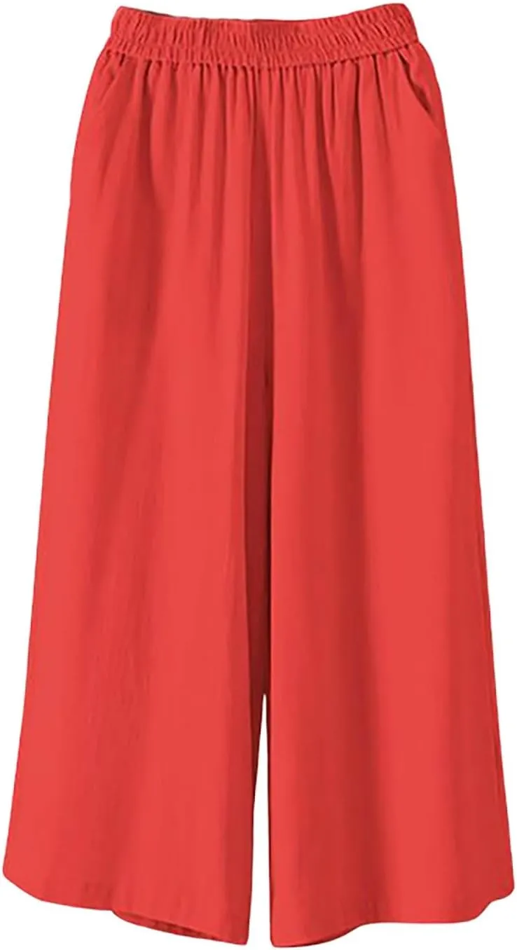 Capri Pants for Women Cotton Linen Summer Pants Wide Leg Pants Elastic Waist Pants Cropped Trouser with Pockets