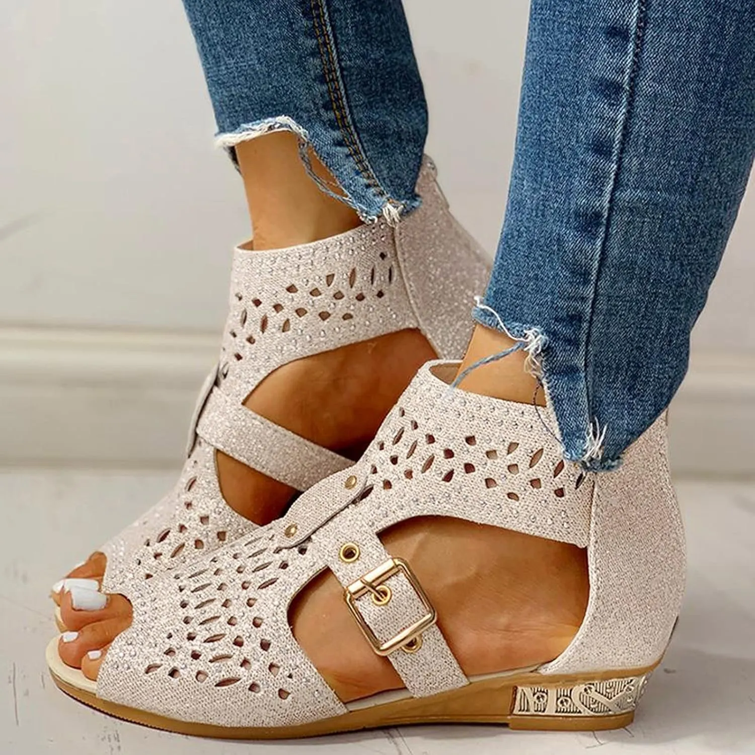 Casual Sandals Women Flat Wedge Crystal Sandals for Women Orthopedic Open Toe Shoes Slip On Casual Sandals
