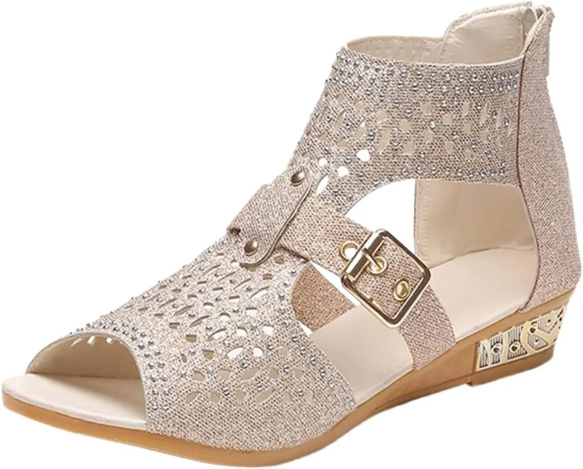 Casual Sandals Women Flat Wedge Crystal Sandals for Women Orthopedic Open Toe Shoes Slip On Casual Sandals