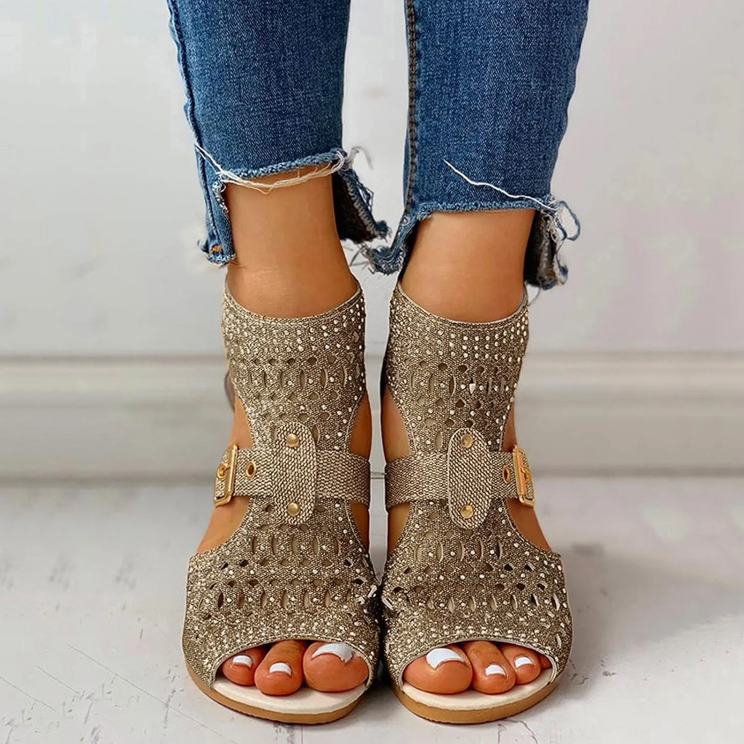 Casual Sandals Women Flat Wedge Crystal Sandals for Women Orthopedic Open Toe Shoes Slip On Casual Sandals