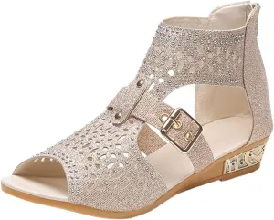 Casual Sandals Women Flat Wedge Crystal Sandals for Women Orthopedic Open Toe Shoes Slip On Casual Sandals