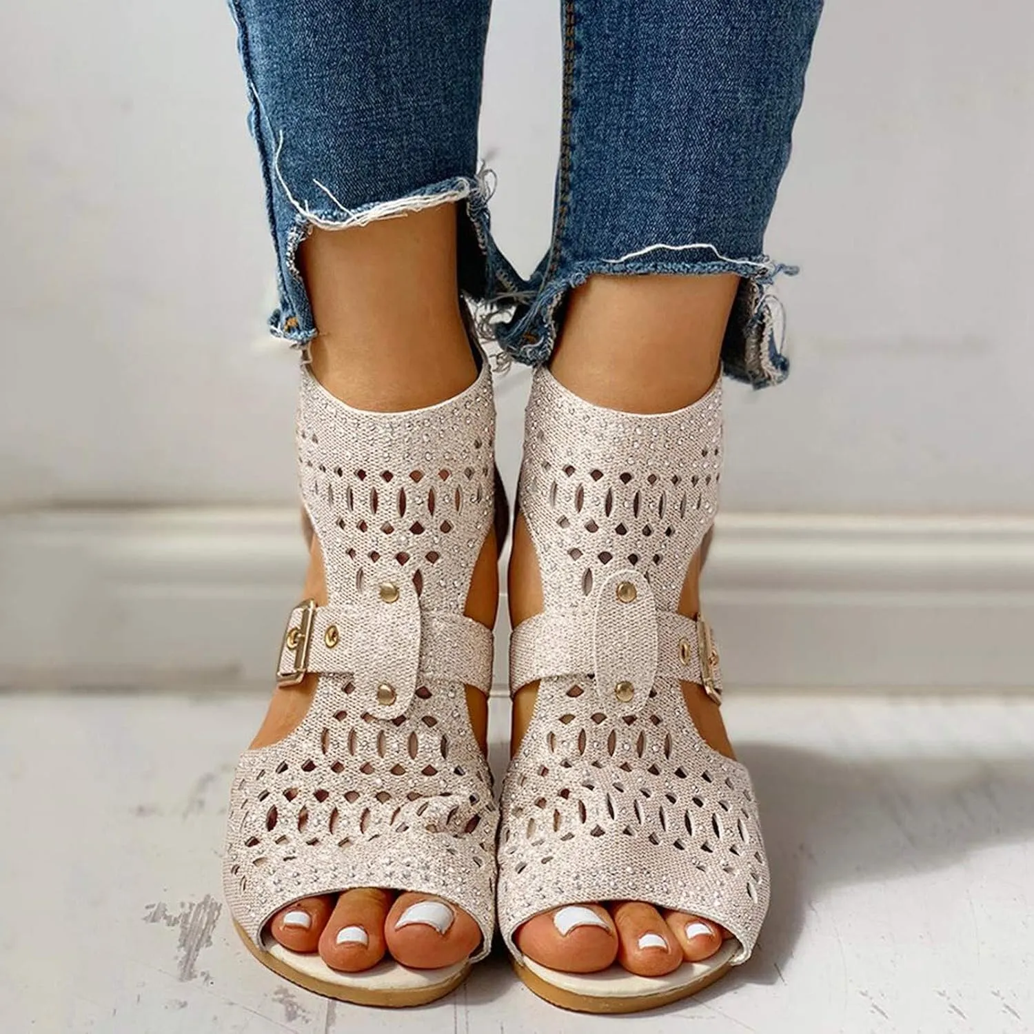 Casual Sandals Women Flat Wedge Crystal Sandals for Women Orthopedic Open Toe Shoes Slip On Casual Sandals