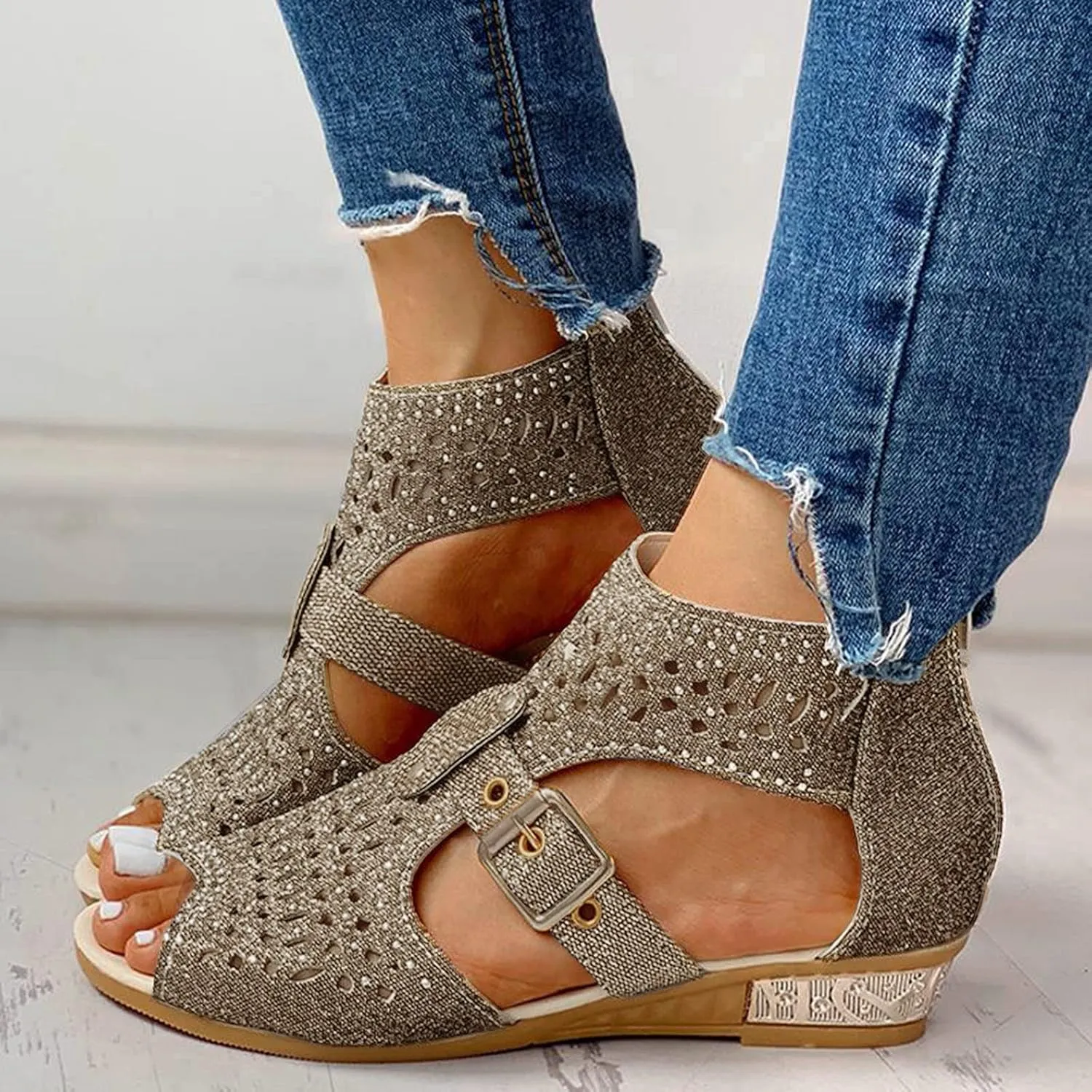 Casual Sandals Women Flat Wedge Crystal Sandals for Women Orthopedic Open Toe Shoes Slip On Casual Sandals